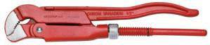 Red pipe wrench, partially open, on a white background. Tool for pipe installation or repair.