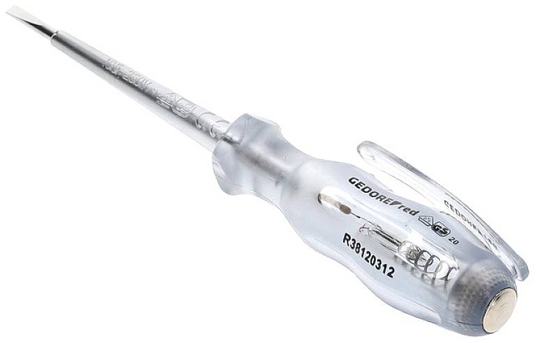 Slotted screwdriver with transparent handle and voltage tester, suitable for electrical installations.