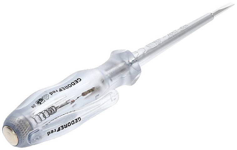 A transparent phase tester with a metal tip and clip on the handle for electrical circuit testing.
