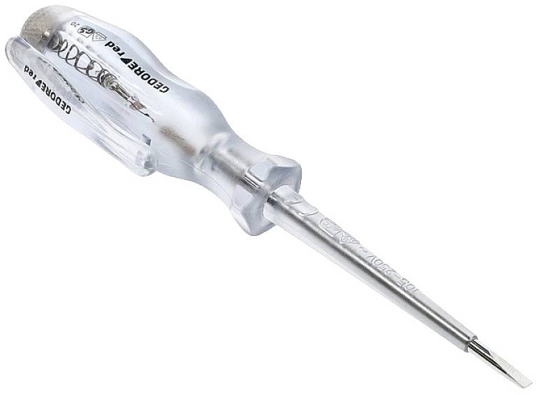 A transparent voltage tester with a metal tip and insulated handle, used for checking electrical voltage.
