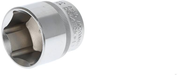 Metal socket nut with hexagonal opening, cylindrical shape, engraved with technical information. Used for mechanical work.