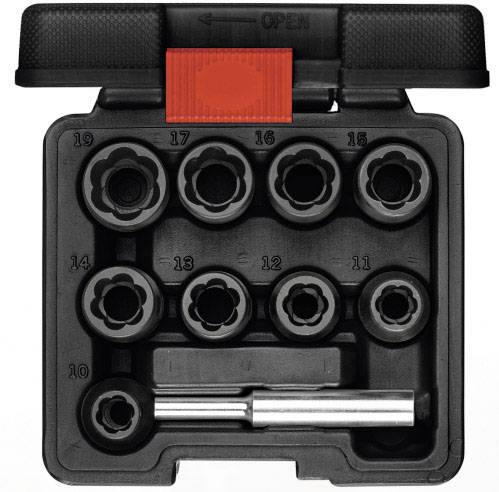 Set of screwdrivers in a black plastic box; lid open; includes sizes 10 to 19, with storage rod.
