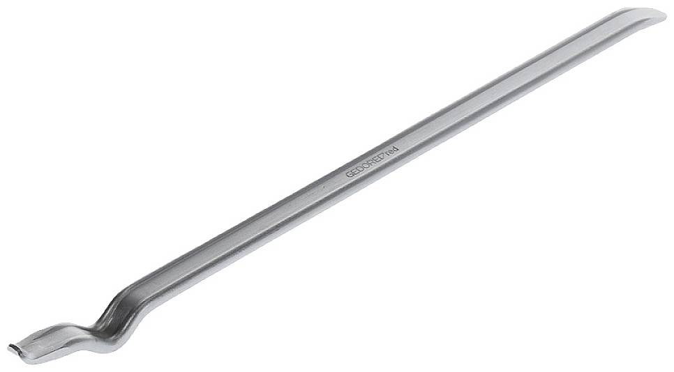 A silver metal nail puller with curved ends for easy removal of nails and levering of objects.