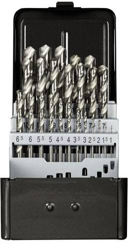 Set of metal drill bits in graduated sizes, arranged upright in a black box.