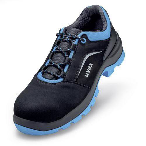 Black safety shoe with blue trim and blue sole, brand 'Uvex', suitable for workplace protection and outdoor activities.