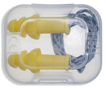 Earplugs in a clear plastic box. The earplugs are yellow and connected by a blue cord.
