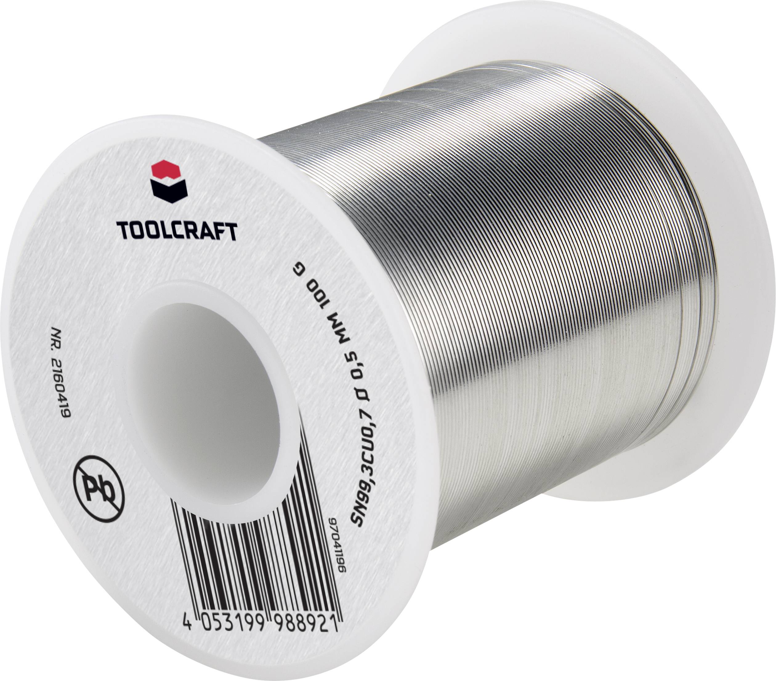 A reel of solder wire by Toolcraft, 0.5 mm diameter, 100 g. The reel displays the barcode and indication of lead-containing material.