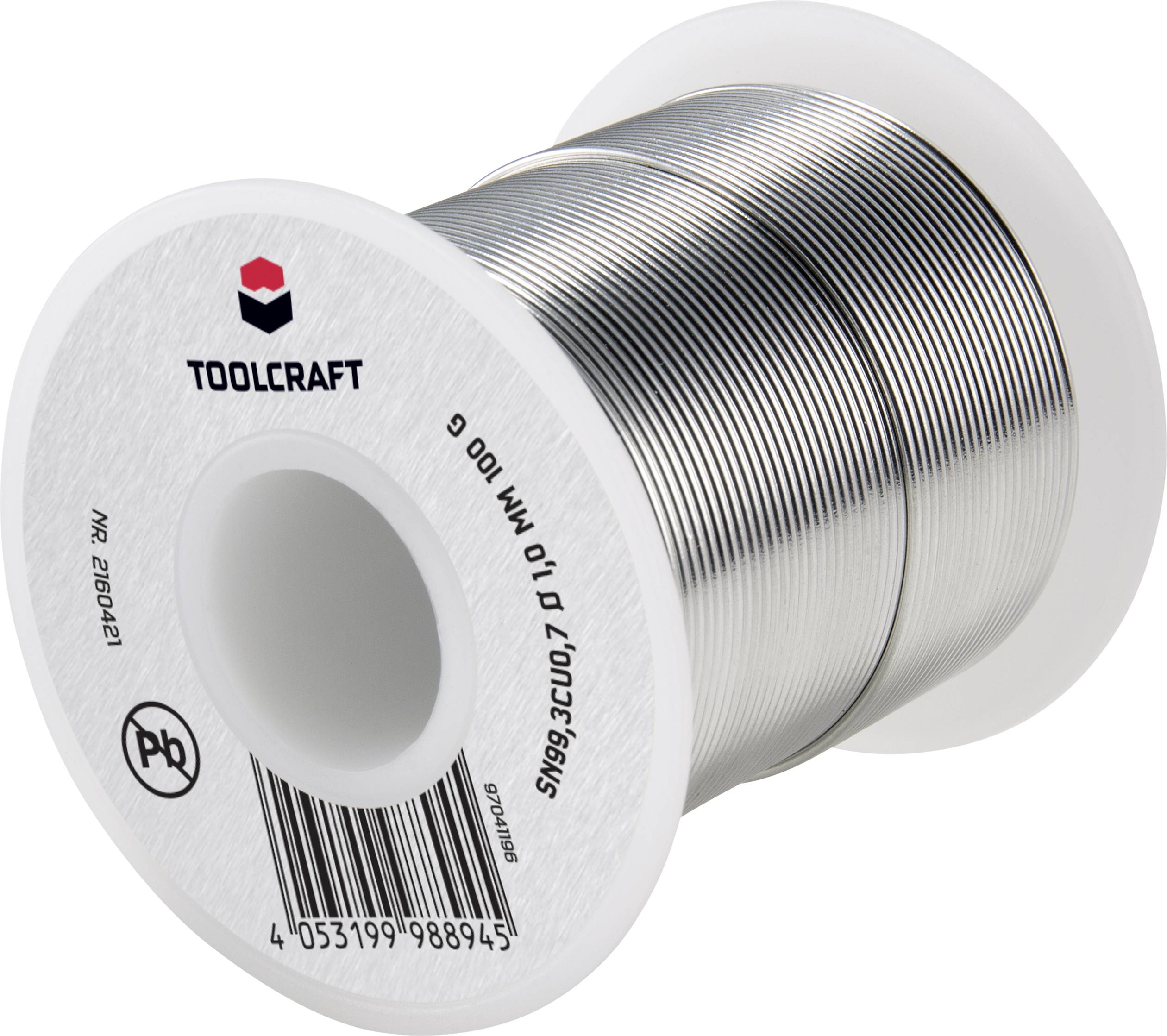Solder wire reel by TOOLCRAFT with the inscription 'Sn99.3Cu0.7 Ø1.0 mm 100 g', suitable for electronic applications and repairs.