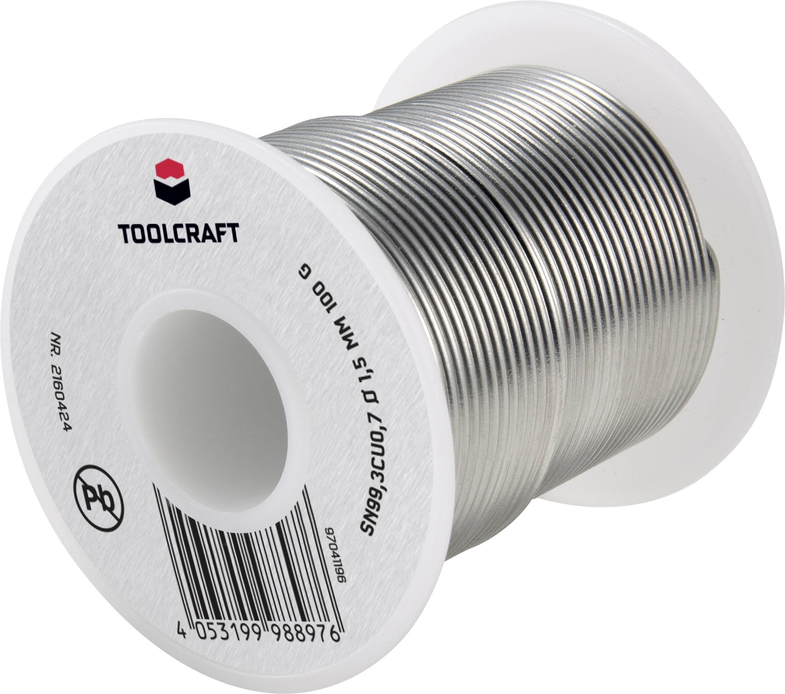 Solder tin reel by Toolcraft with a diameter of 0.5 mm and a weight of 100 g. Suitable for electronic soldering work.