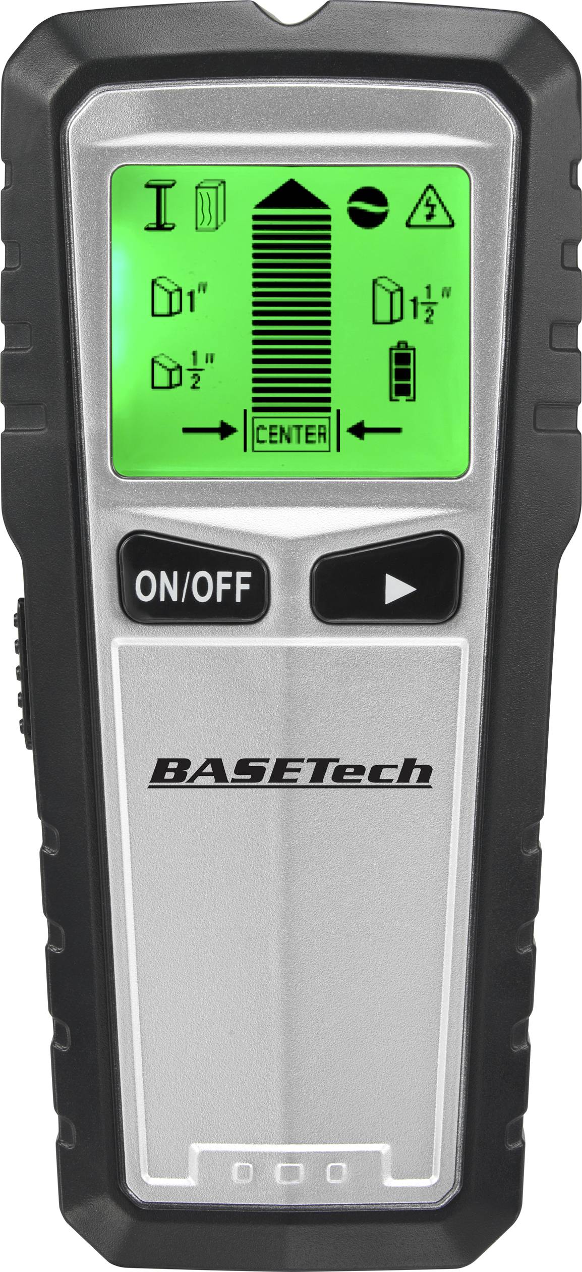 An electronic detector with a green display shows symbols and measurements for locating materials. Buttons for 'ON/OFF' and arrow navigation.