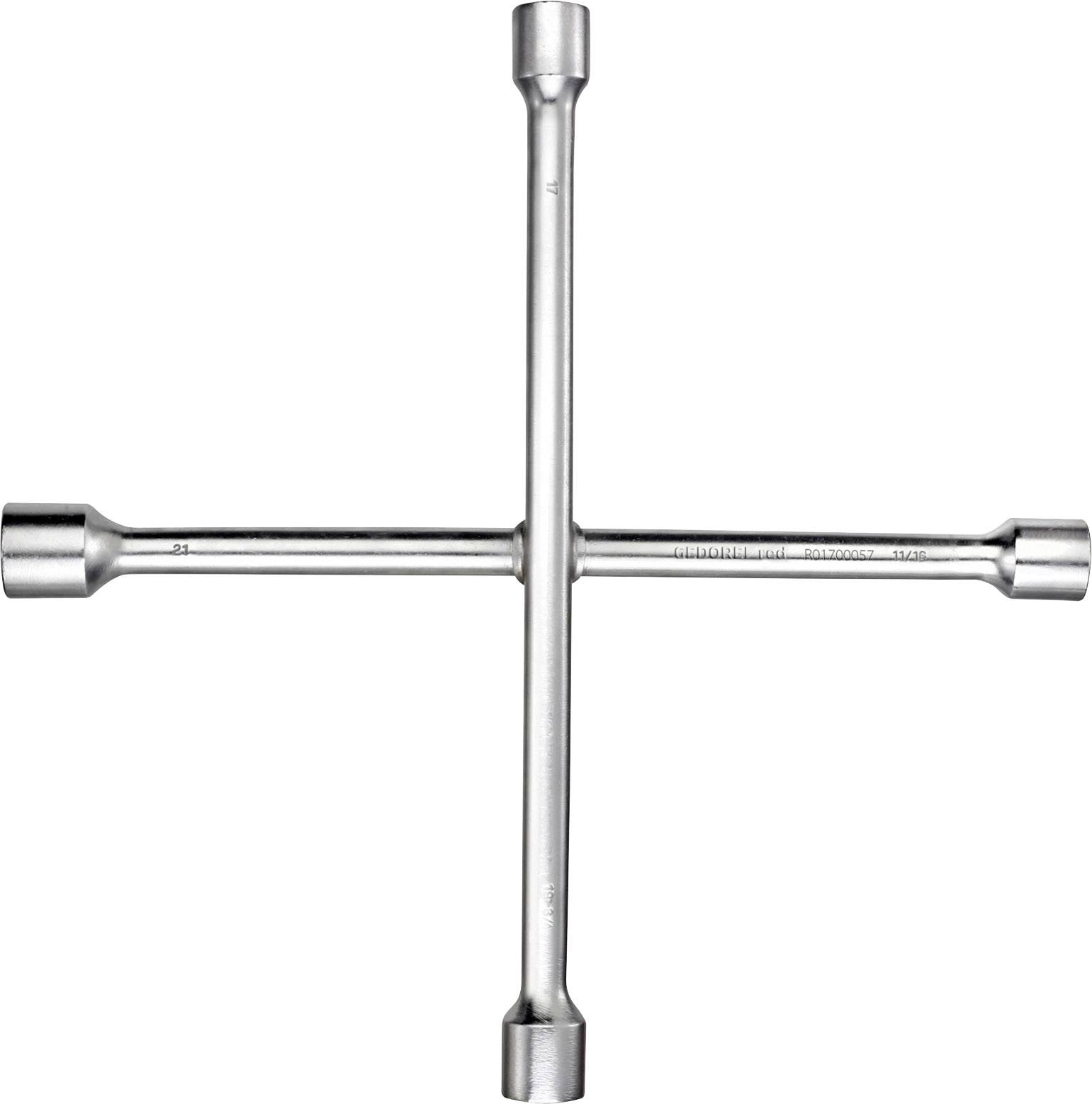 Metal cross-shaped spanner with four different socket key sizes at each end, set against a white background.