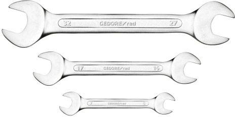 Three silver spanners in different sizes, with the inscriptions '32/27', '17/16' and 'GEDORE' on the spanners.