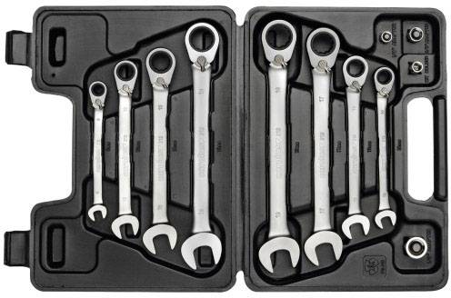 A set of seven spanners in a black plastic case, arranged by size, pictured from left to right.