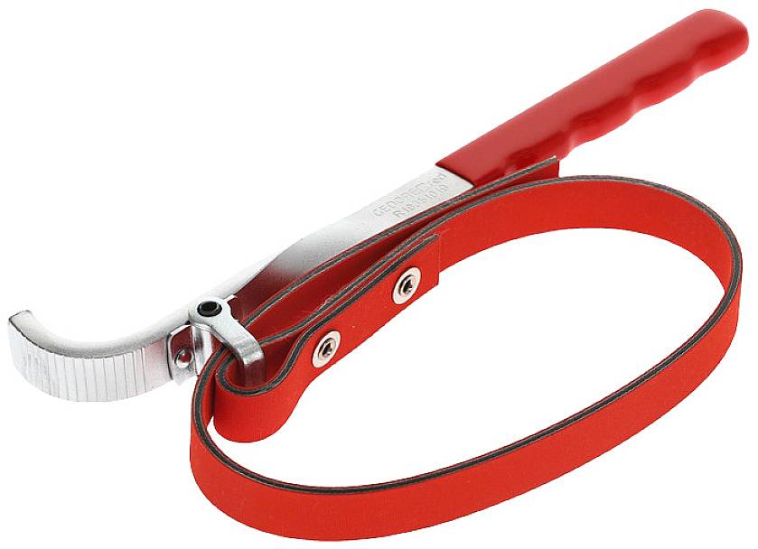 A red oil filter wrench with a metal handle and adjustable strap, used for removing oil filters in cars or machinery.