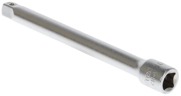 A silver extension bar for socket wrenches, cylindrical with a hexagonal end, is lying on a white background.