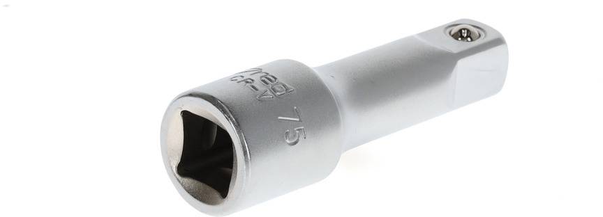 Metal socket adapter with hexagonal connection and square opening, suitable for tools such as socket wrenches.