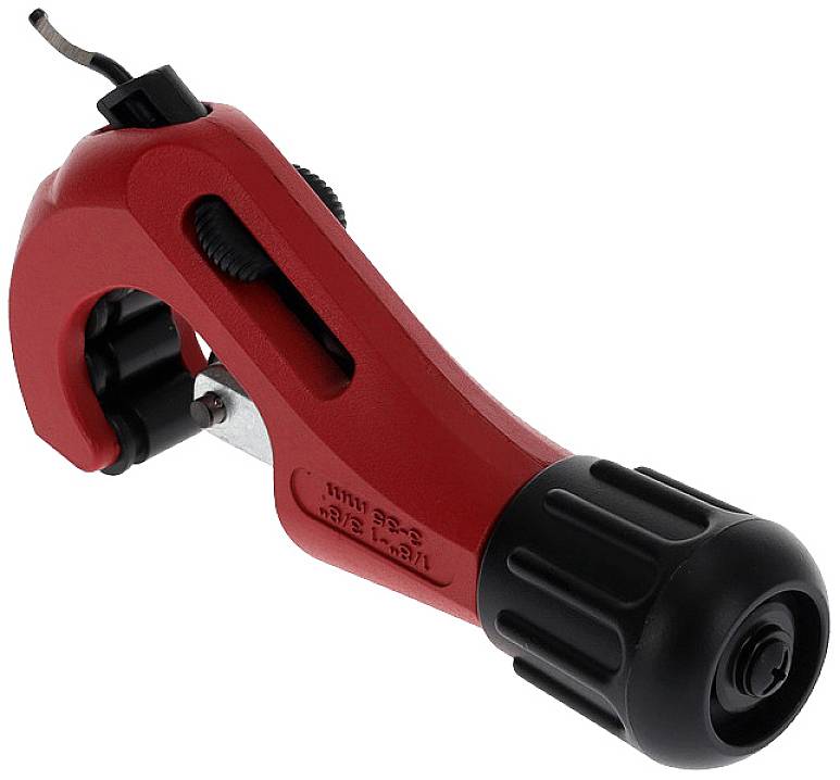 A red pipe cutter with a black handle, used for precisely cutting metal pipes.