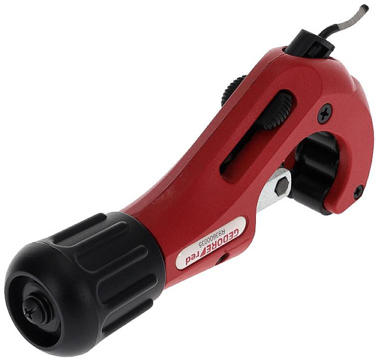 A red pipe cutting tool with a black handle, used for cutting pipes.