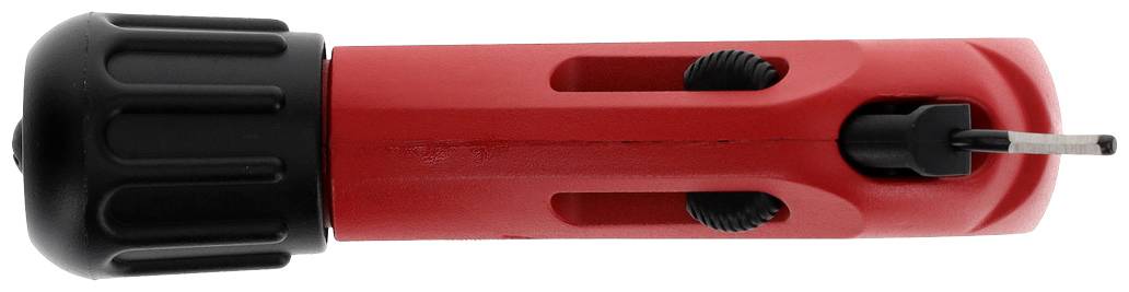 Rotating deburring tool with a red handle and black turning knob, used for edge finishing on metal or plastic components.
