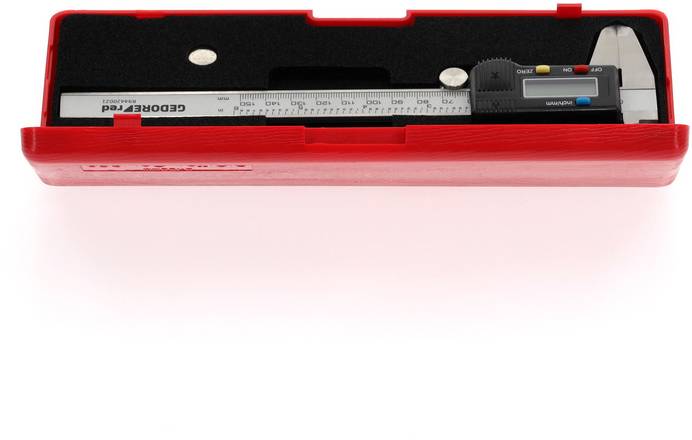 A digital caliper in a red box. The display shows zero; suitable for precise length measurements.