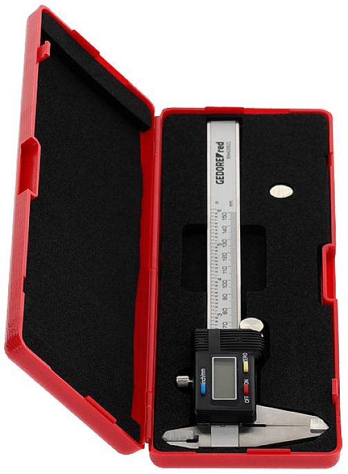 A digital calliper in a red case with black foam, enabling precise length measurement.