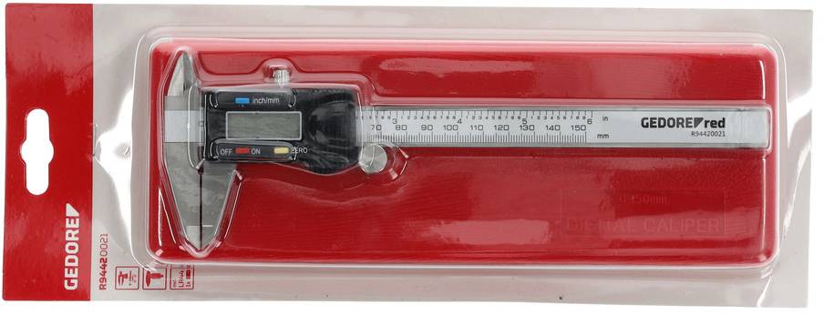 A digital calliper with LED display in a red plastic case, suitable for precise measurement of objects.