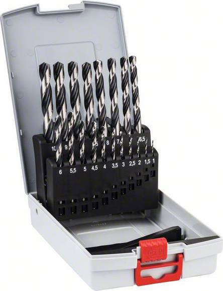 Metal drill bit set in grey box with red closure. Contains 10 drill bits of varying sizes, from 1.0 to 10.0 mm.