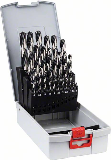 A set of spiral drill bits in various sizes in a fold-out grey plastic case.