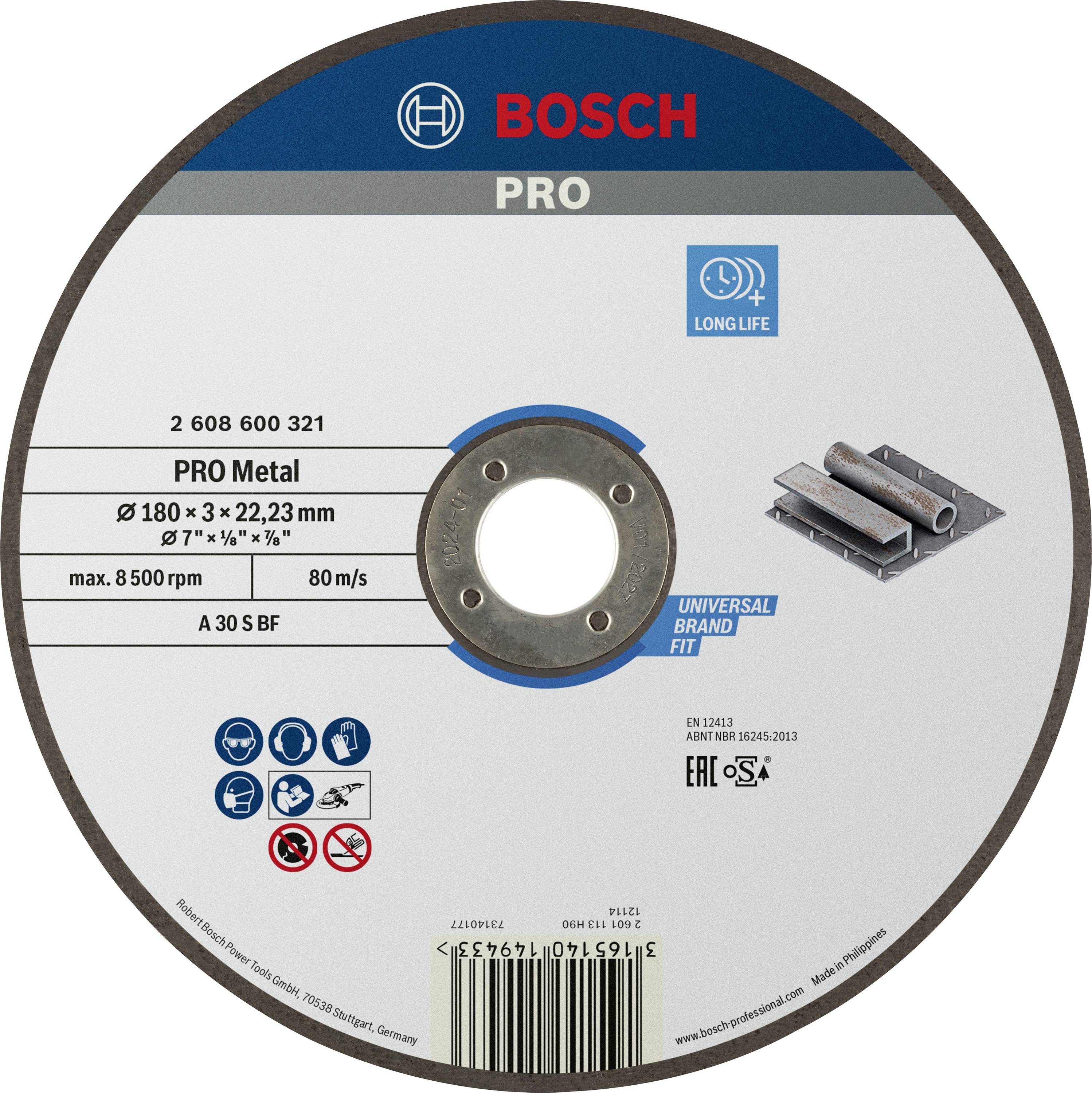 Metal cutting disc by Bosch, 180x3x22.23 mm. Suitable for metalworking up to 8,500 rpm at 80 m/s. Safety symbols and usage instructions.