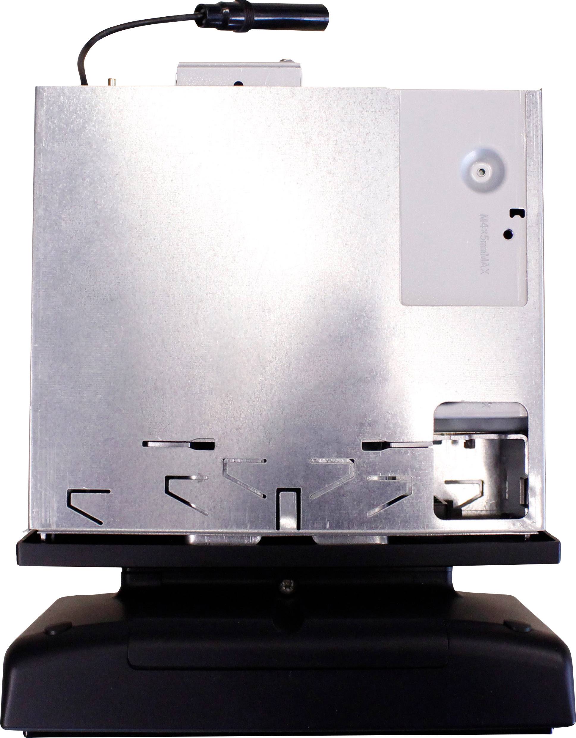 Rear view of an electronic device with a metal casing, cable connection at the top, black base and multiple cutouts.