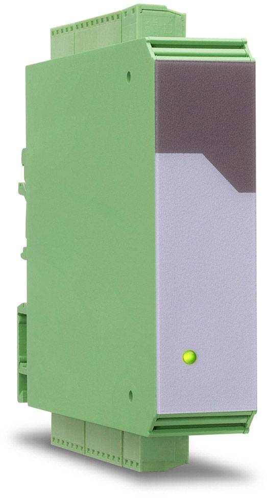 A green, rectangular electronic device with a grey front panel and a glowing green indicator light at the bottom.