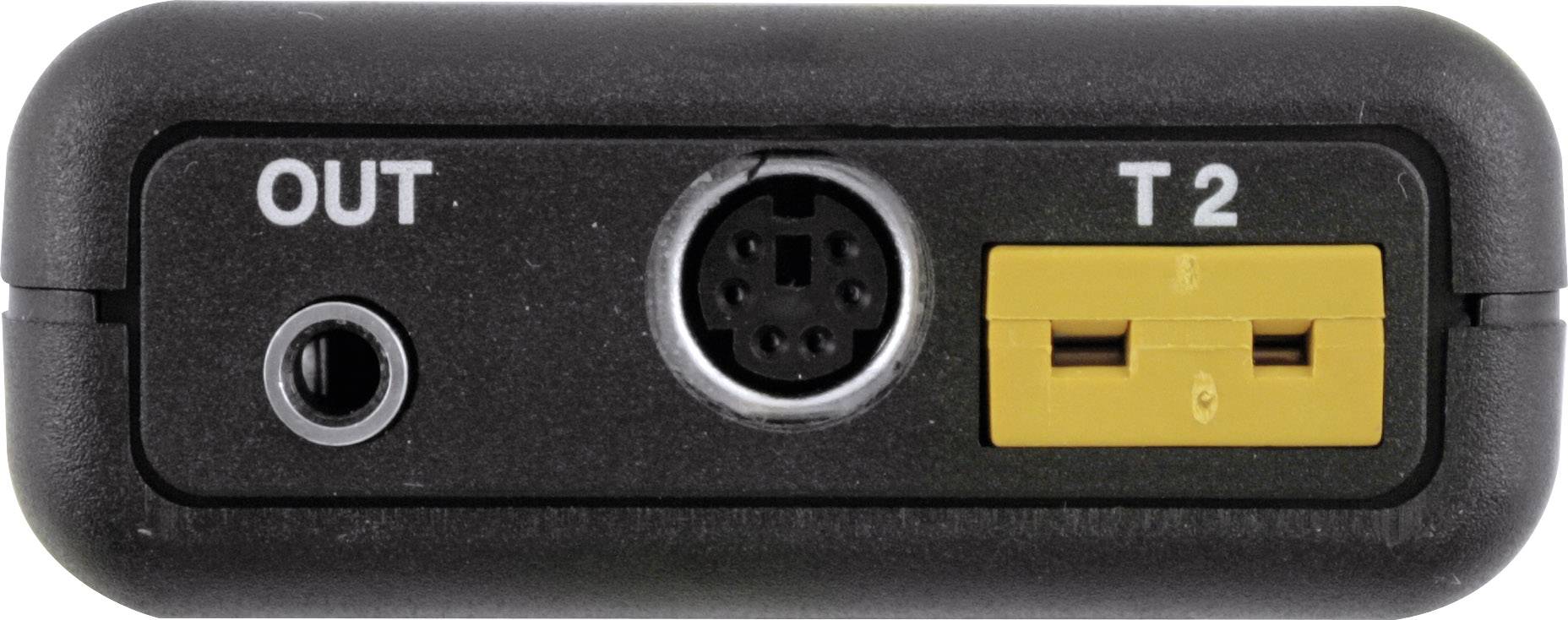 A black electronic device with ports. On the left, an audio output 'OUT', in the centre a round connection, on the right a yellow port 'T2'.