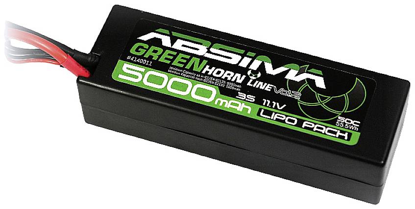 An 'Absima Greenhorn' LiPo battery with 5000 mAh, 3s, 11.1 V. Primarily designed for use in remote-controlled models.