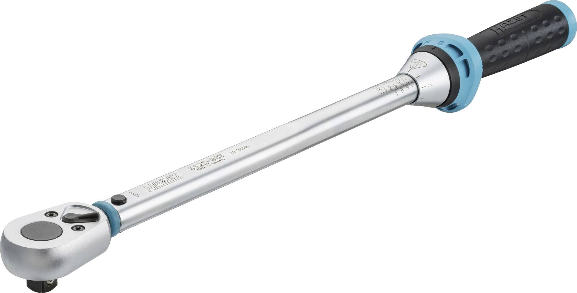 Metal torque wrench with blue and black plastic handle, for precise torque adjustment on screw connections.