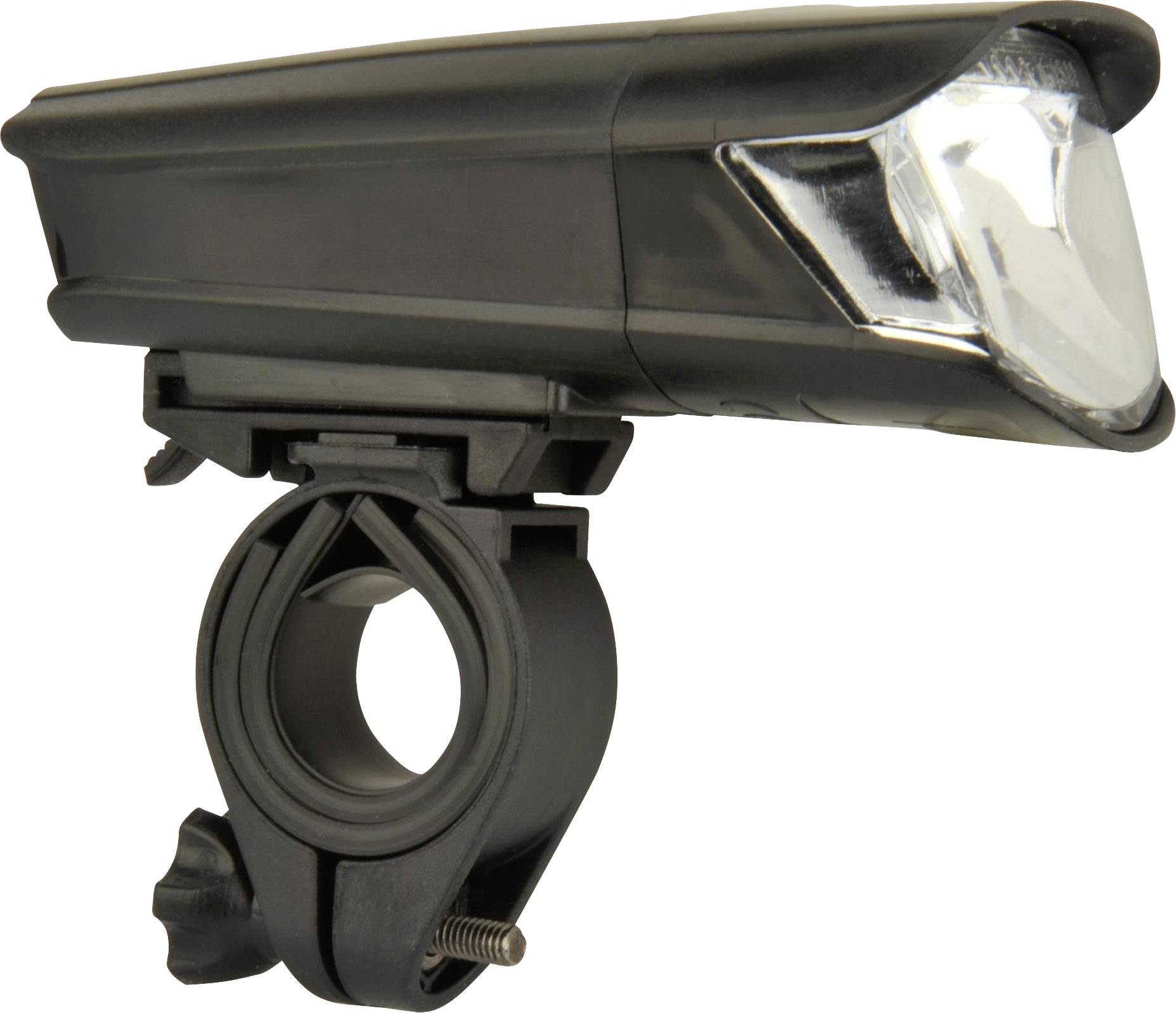 Black bicycle light with mount, for handlebar installation.