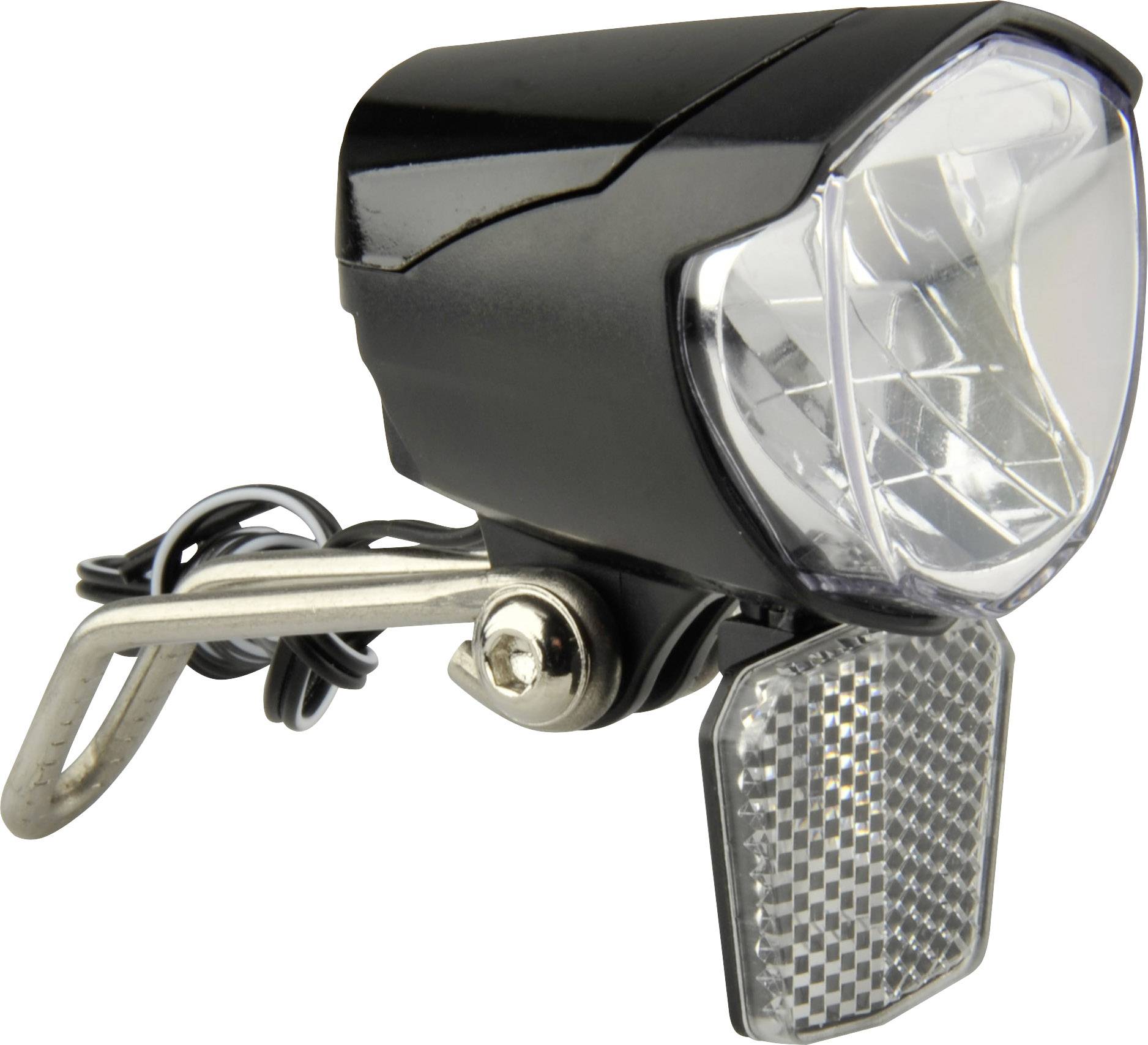 Bicycle light with integrated reflector, black, mounted on a bracket.
