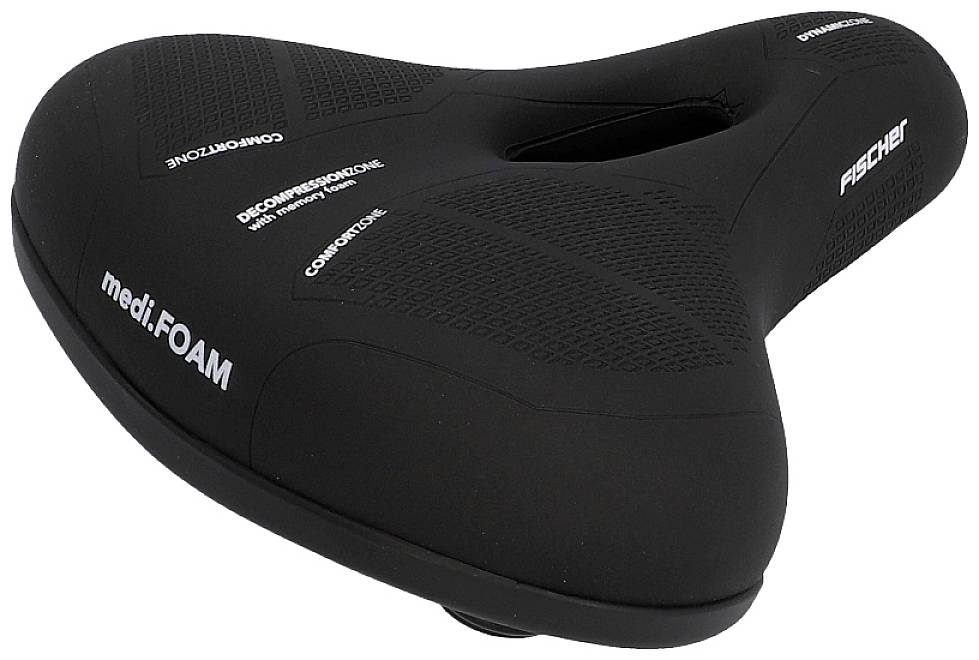 Black bicycle saddle with ergonomic design, brand name 'FISCHER', text 'medi:FOAM', emphasising comfort and decompression.