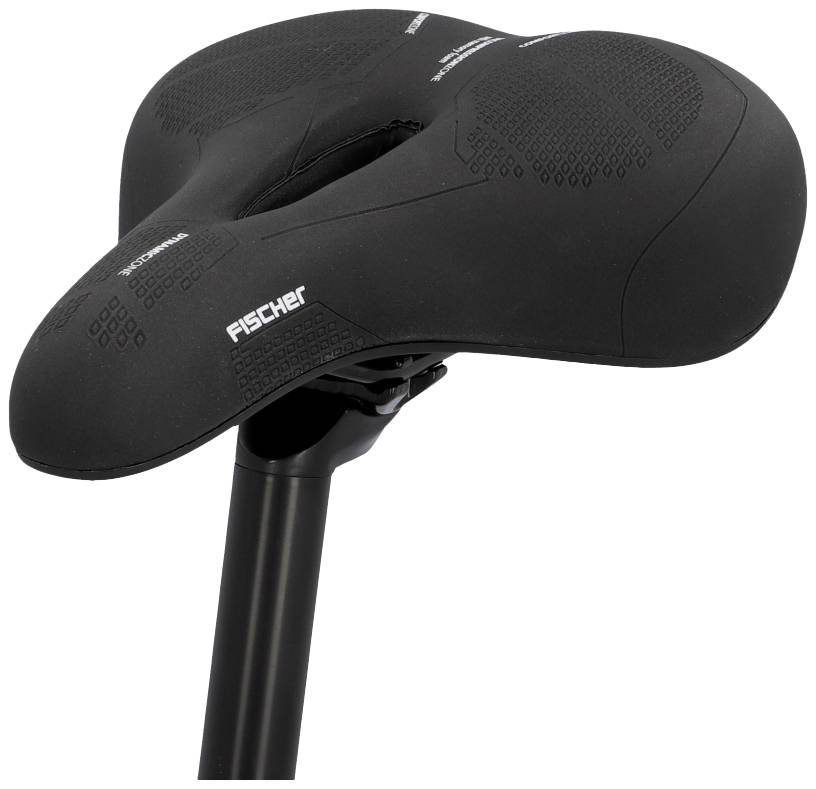 A black bicycle saddle with an ergonomic shape and a hole in the middle for pressure relief, mounted on a seat post.