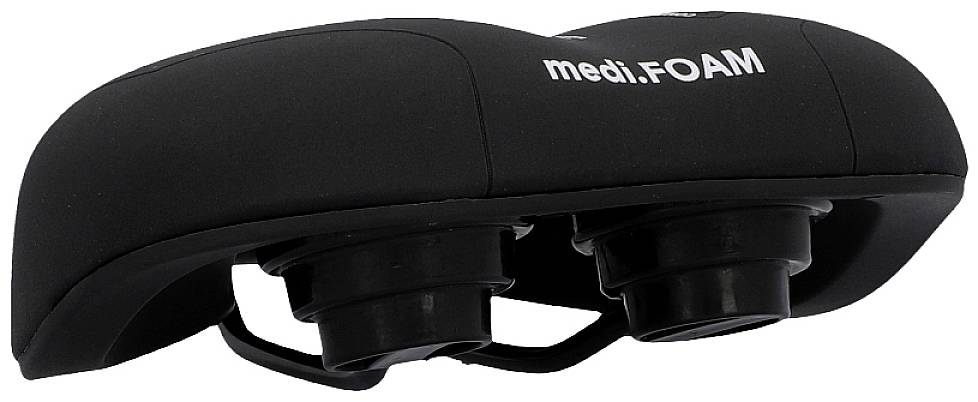 Black bicycle saddle with two springs underneath, brand 'medi.FOAM', for comfortable seating comfort.
