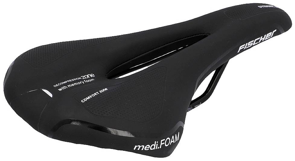 A black bicycle saddle with the inscription 'medi.FOAM' and 'FISCHER', ergonomically shaped and with memory foam for comfort.