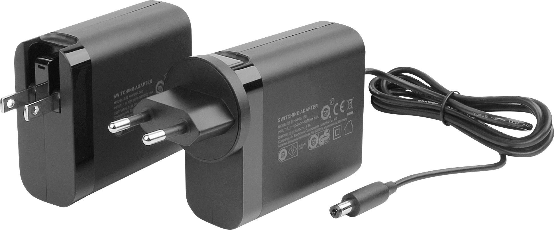 A black power adapter with removable EU and US plugs, suitable for electronic devices.