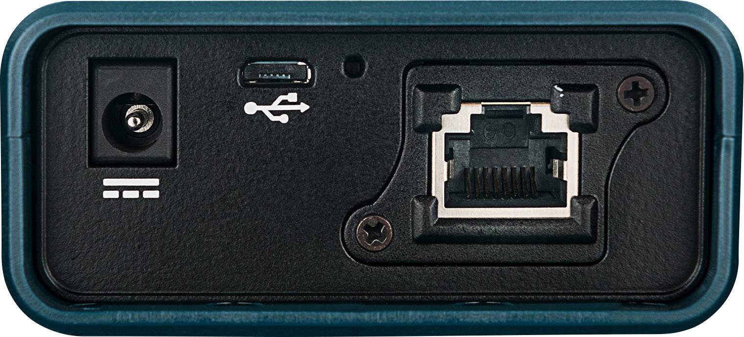 Back of an electronic device with power connection, USB-C port and Ethernet socket.