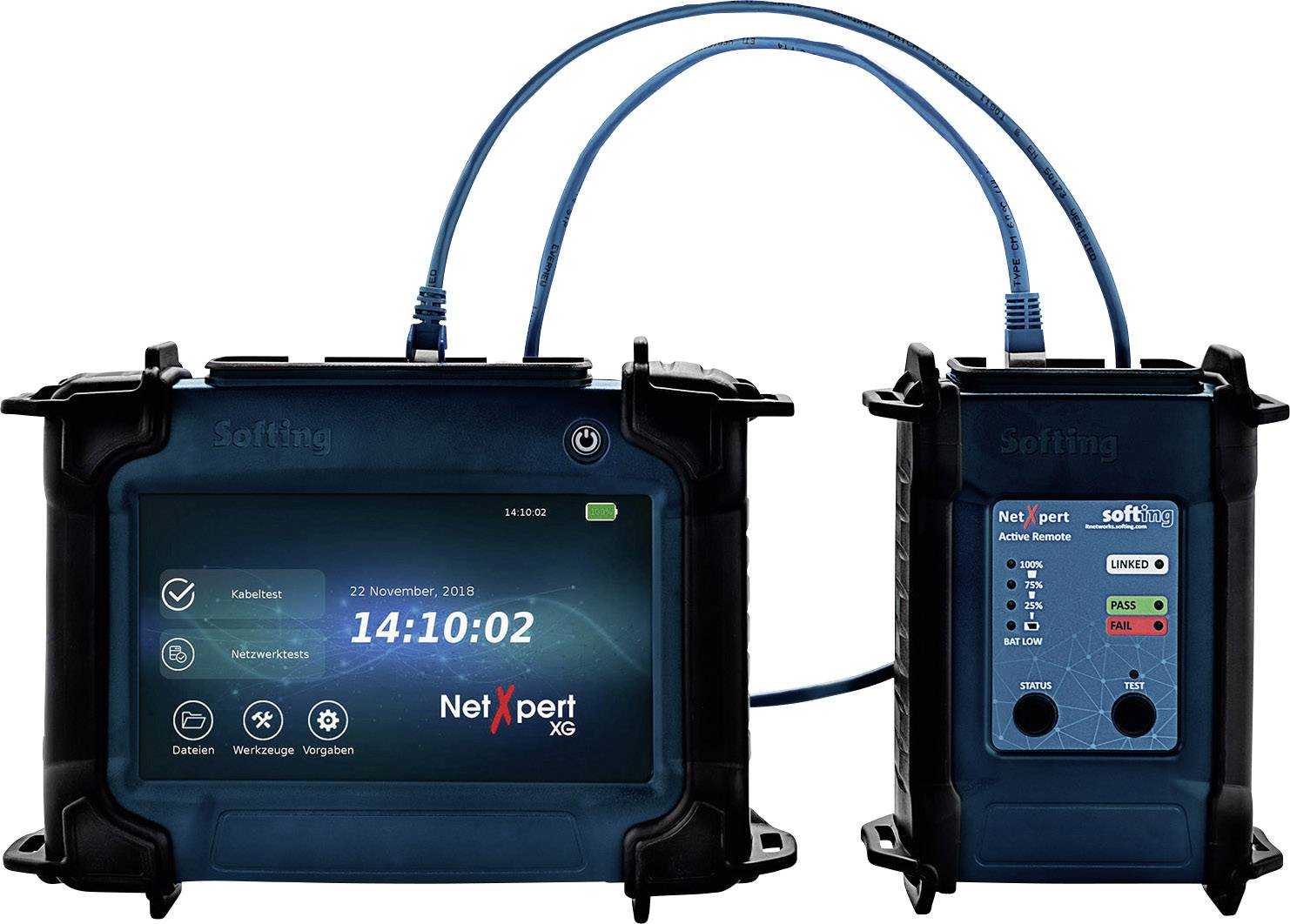 A testing device from Softing displays the date '23 November, 2018' and the time '14:10:02' on its screen. It is connected with cables.