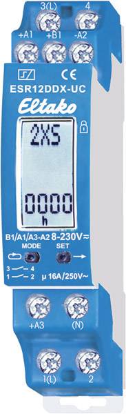 Electronic Stair Light Timer Switch 'Eltako ESR12DDX-UC', blue, with digital display for time setting and connections.