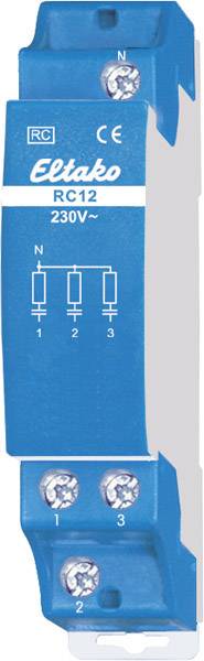 A blue Eltako RC12 switching actuator with three screw terminals. At the top, two connections are marked with N, and at the bottom, three are marked with 1, 2 and 3.