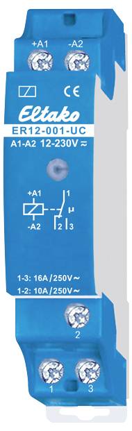 A blue relay module labeled 'Eltako ER12-001-UC' with voltage info '12-230V'. It features terminals labeled A1, A2, 1, 2, and 3.
