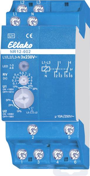 Mains monitoring relay NR12-002-3X230V Eltako Operating voltage: 230 V 2 change-overs (L x W x H) 58 x 36 x 58 mm 1 pc(s)