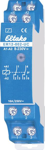Blue electrical module labelled 'Eltako ER12-002-UC', showing connections and voltage specifications: 16A/250V.