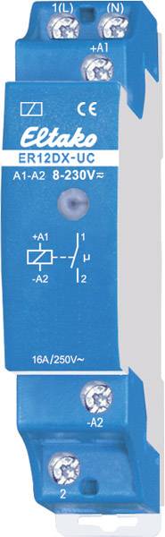 Blue Eltako Time Relay ER12DX-UC, suitable for 8-230V with circuit diagram on the front, 16A/250V switching capacity.