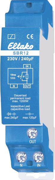 Blue Eltako SBR12 230V/240µF switching module with circuit diagram, CE marking and technical data for capacitive load.